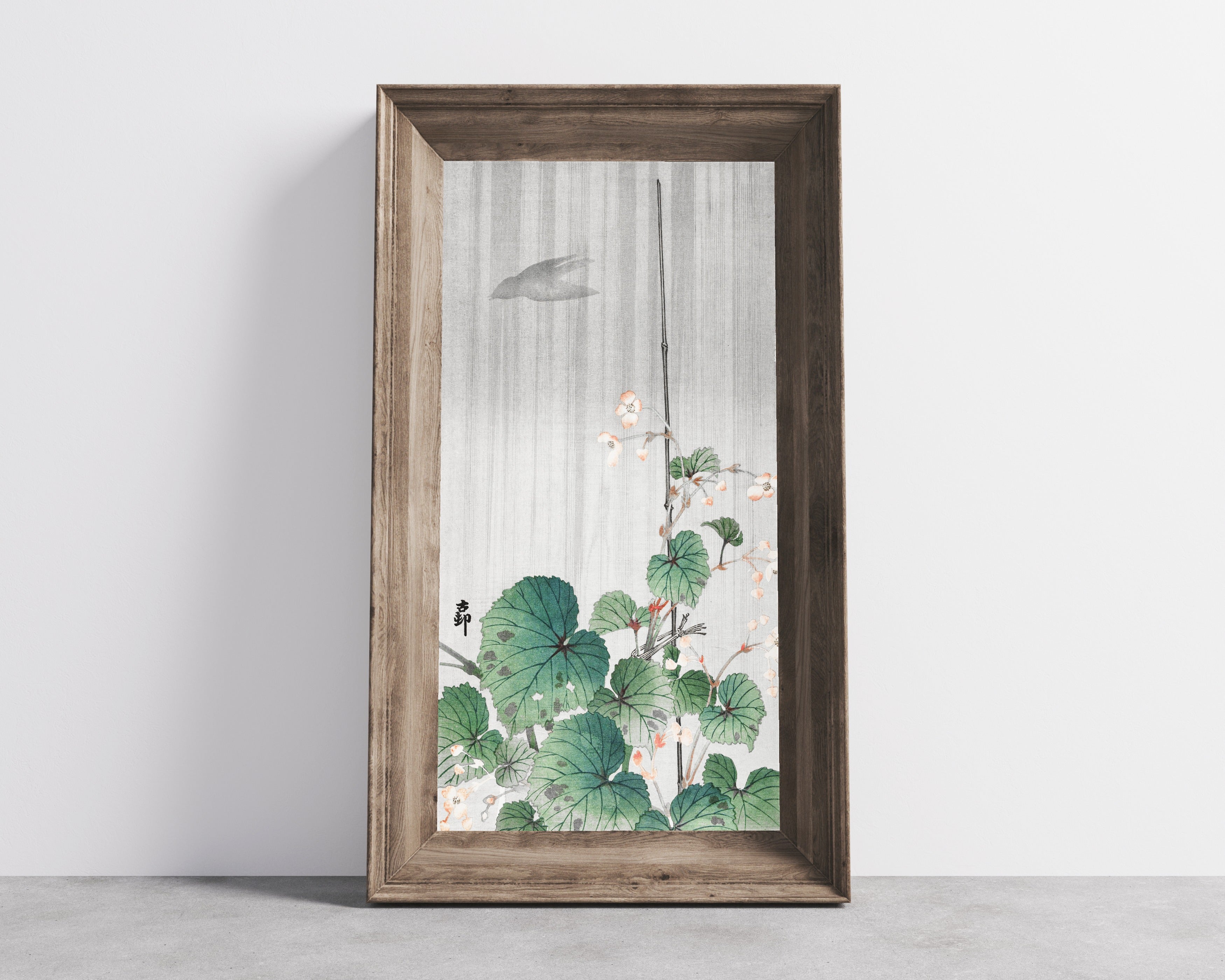Ohara Koson — Begonia in the Rain | Japanese Bird & Flower Woodblock Print