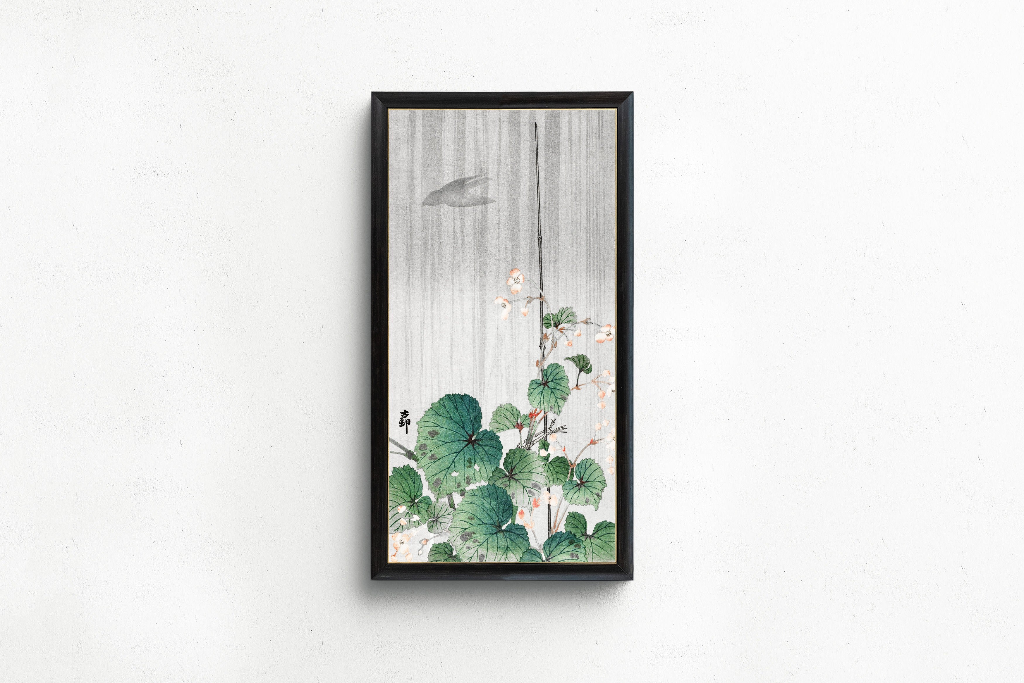 Ohara Koson — Begonia in the Rain | Japanese Bird & Flower Woodblock Print