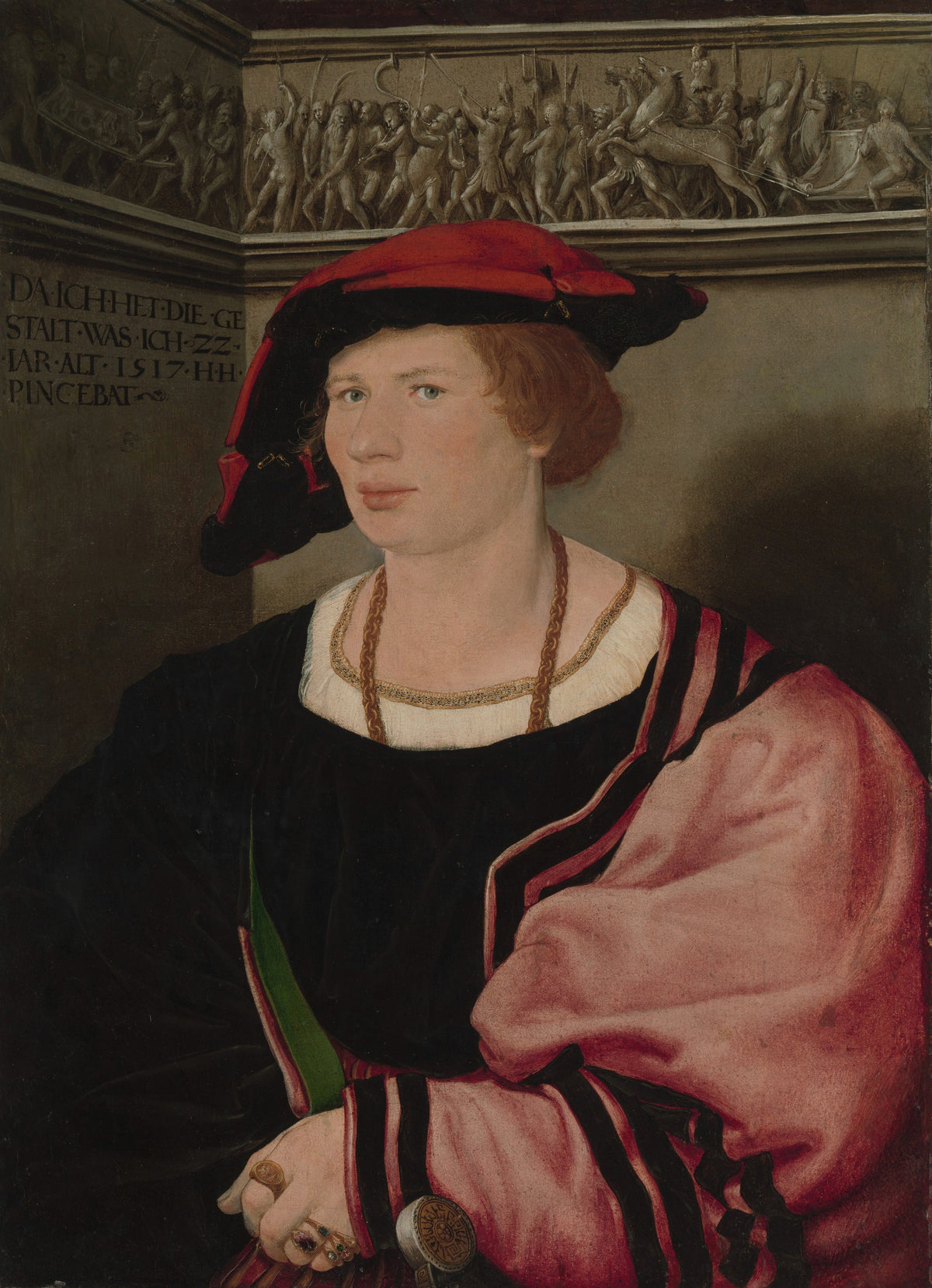 Benedikt von Hertenstein by Hans Holbein the Younger — An auburn-haired young man poses before a stone relief frieze
