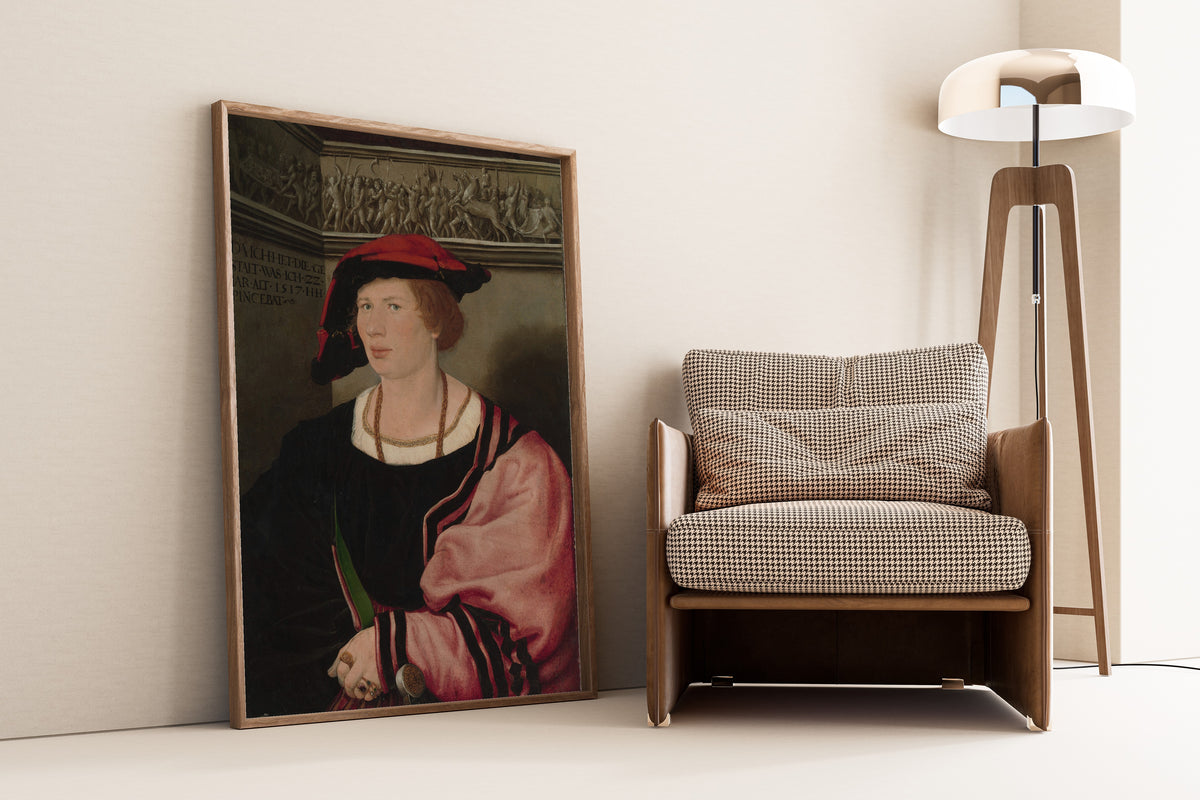 Framed art print of Benedikt von Hertenstein by Hans Holbein the Younger, leaning against a wall beside an armchair and a floor lamp