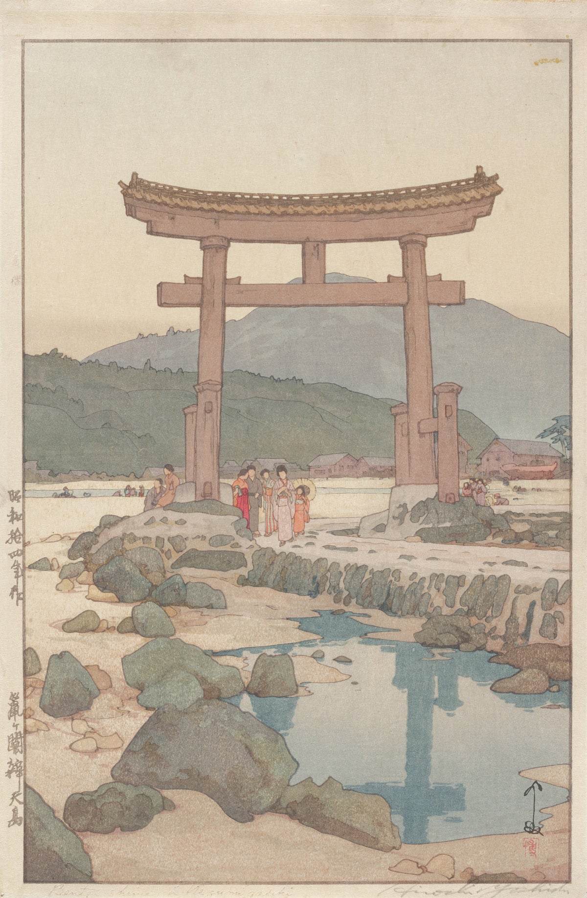 Benten Torii at Nezugaseki by Hiroshi Yoshida — A tall shrine gate reflected in a pool, walkers in kimono beside it