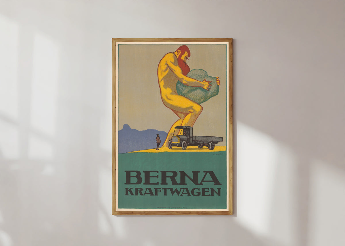 Framed art print of Berna Kraftwagen by Emil Cardinaux, in a light wood frame on a sunlit white wall