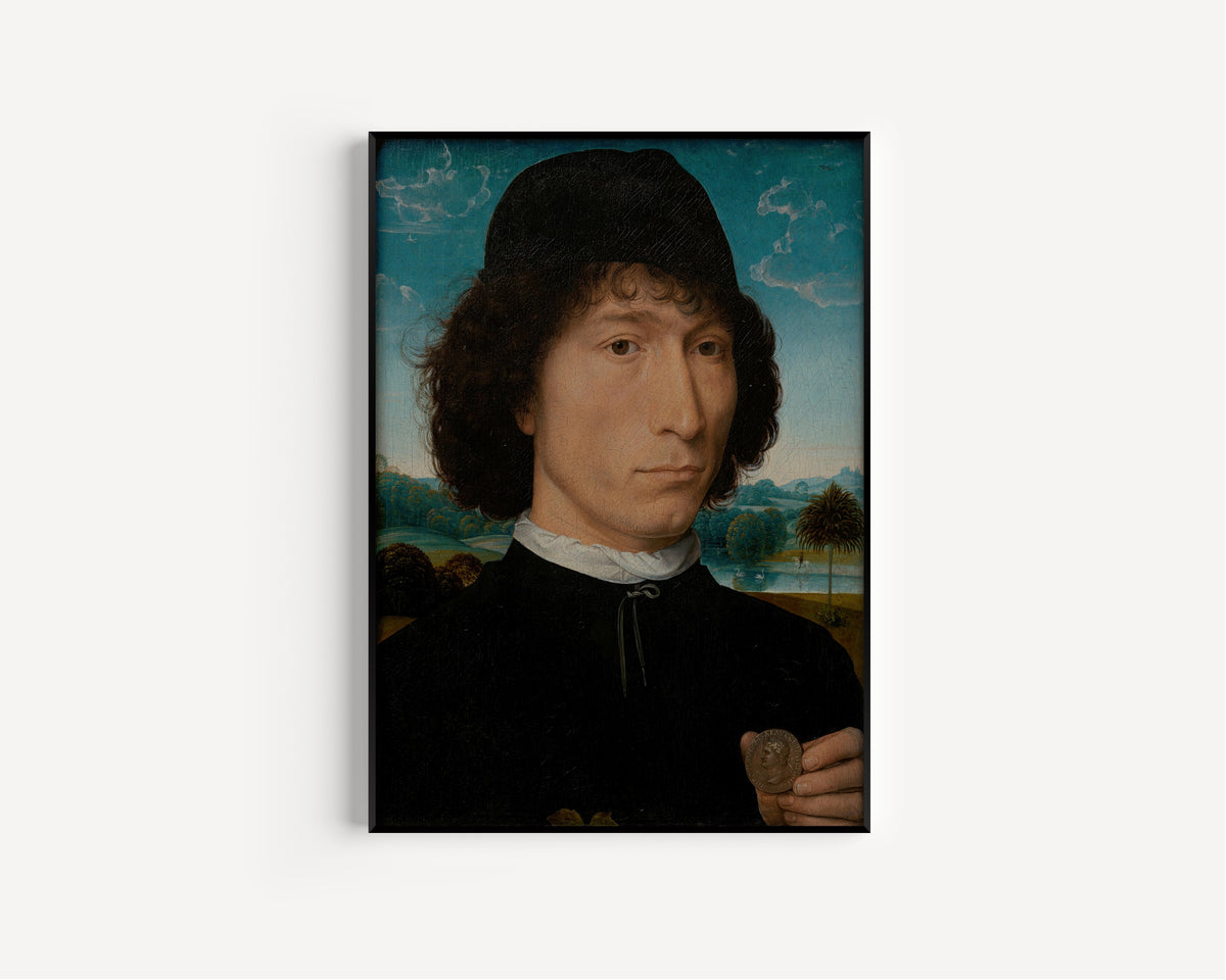 Framed art print of Bernardo Bembo, Statesman and Ambassador of Venice by Hans Memling, in a slim black frame on a plain white wall