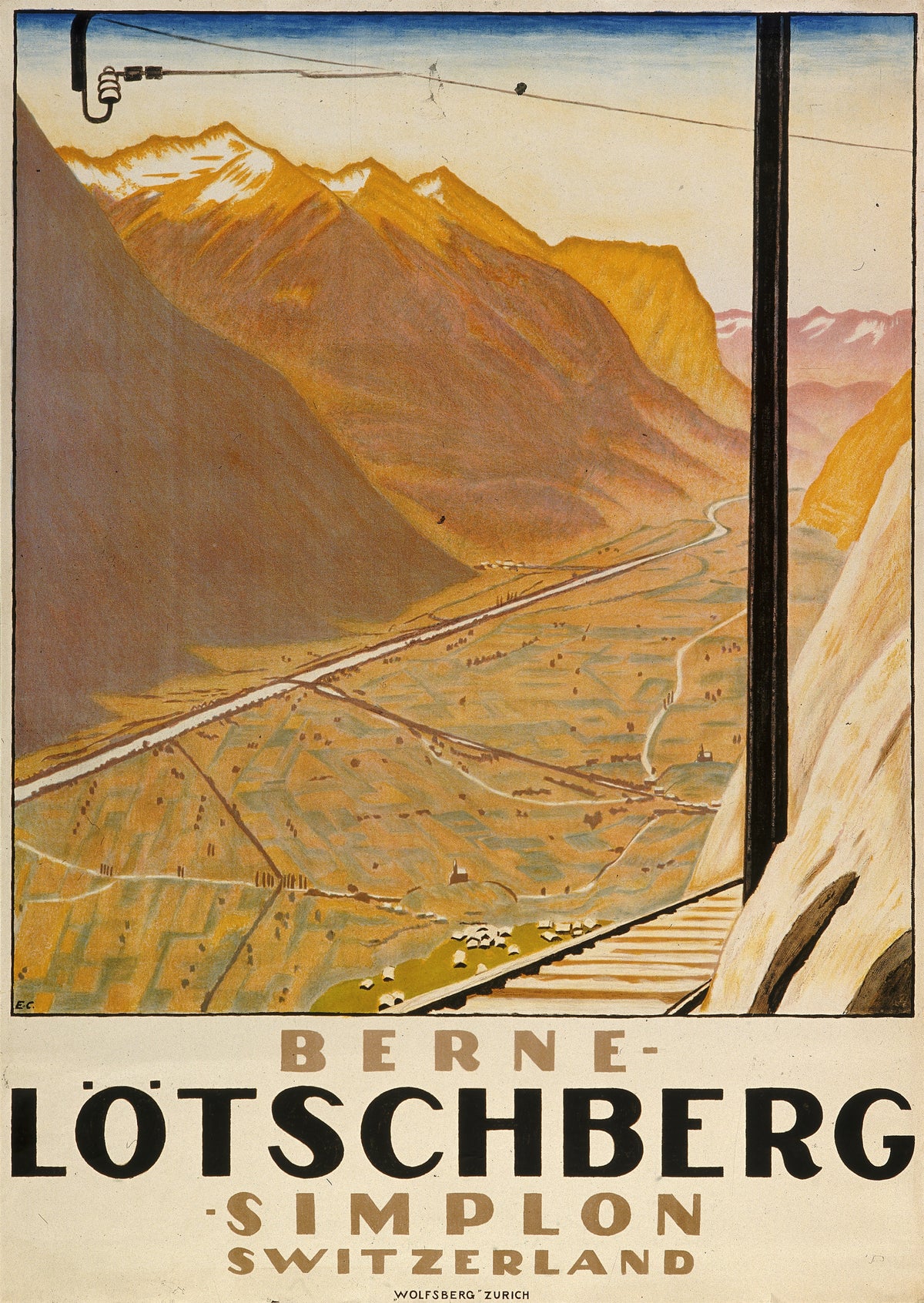 Berne-Lötschberg-Simplon: Switzerland by Emil Cardinaux — A mountain valley seen past a pylon and the track of the railway