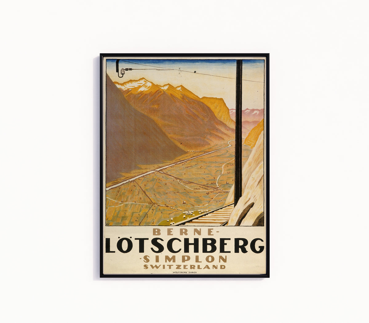 Framed art print of Berne-Lötschberg-Simplon: Switzerland by Emil Cardinaux, in a slim black frame on a plain white wall