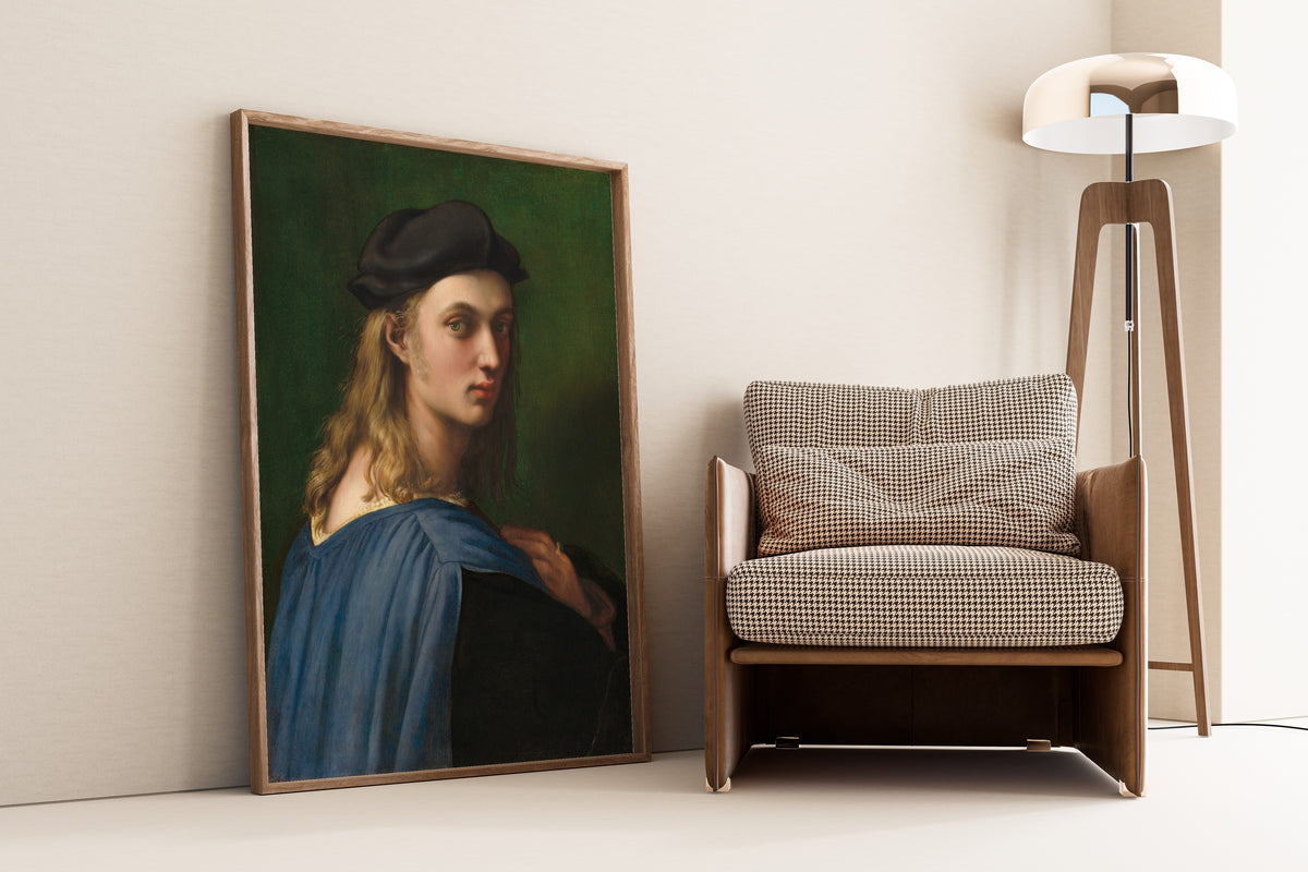 Bindo Altoviti by Raphael — framed and leaning against a wall beside an armchair and a floor lamp
