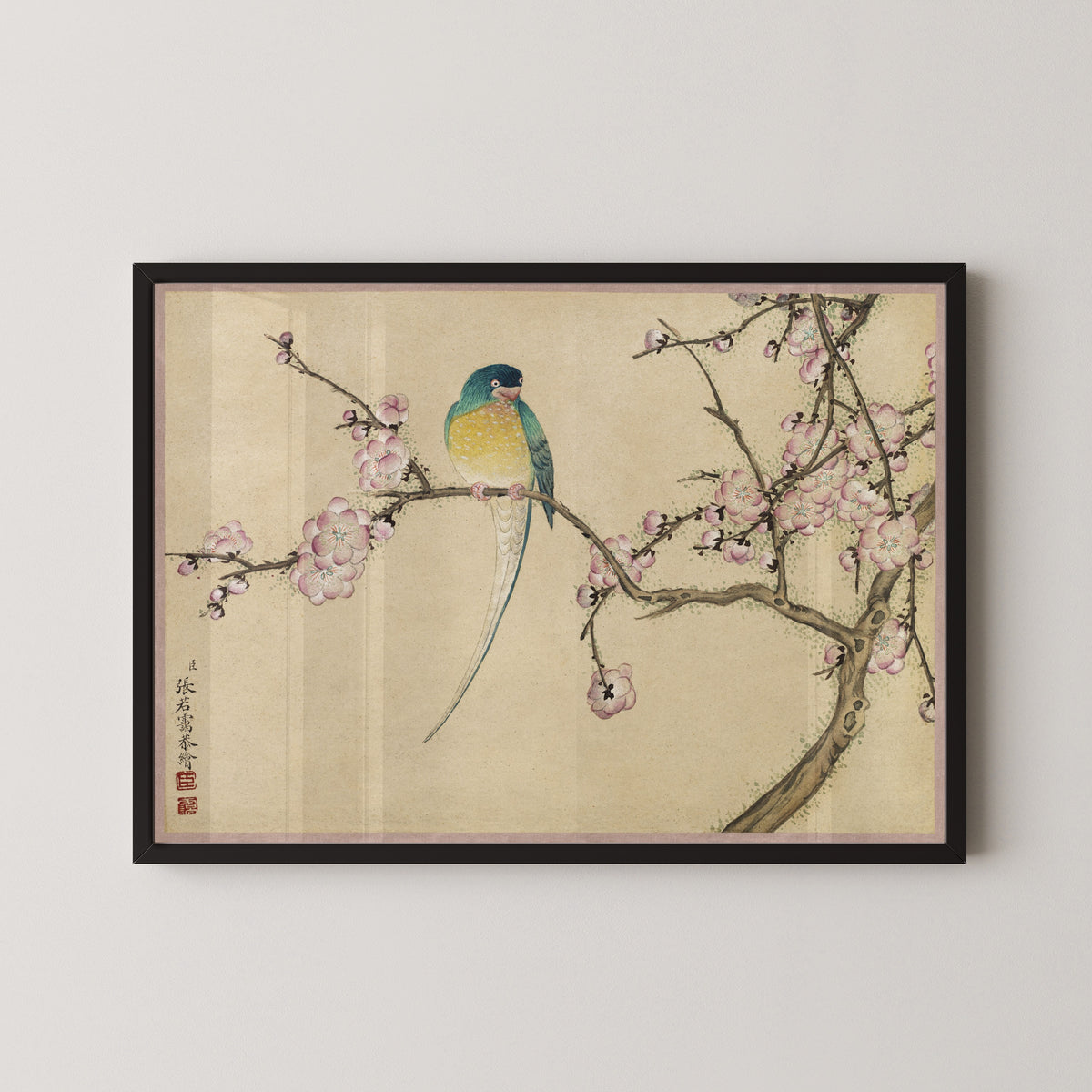 Desk Album: Flower and Bird Paintings (Bird with Plum Blossoms) by Zhang Ruoai — in a black frame on a pale wall