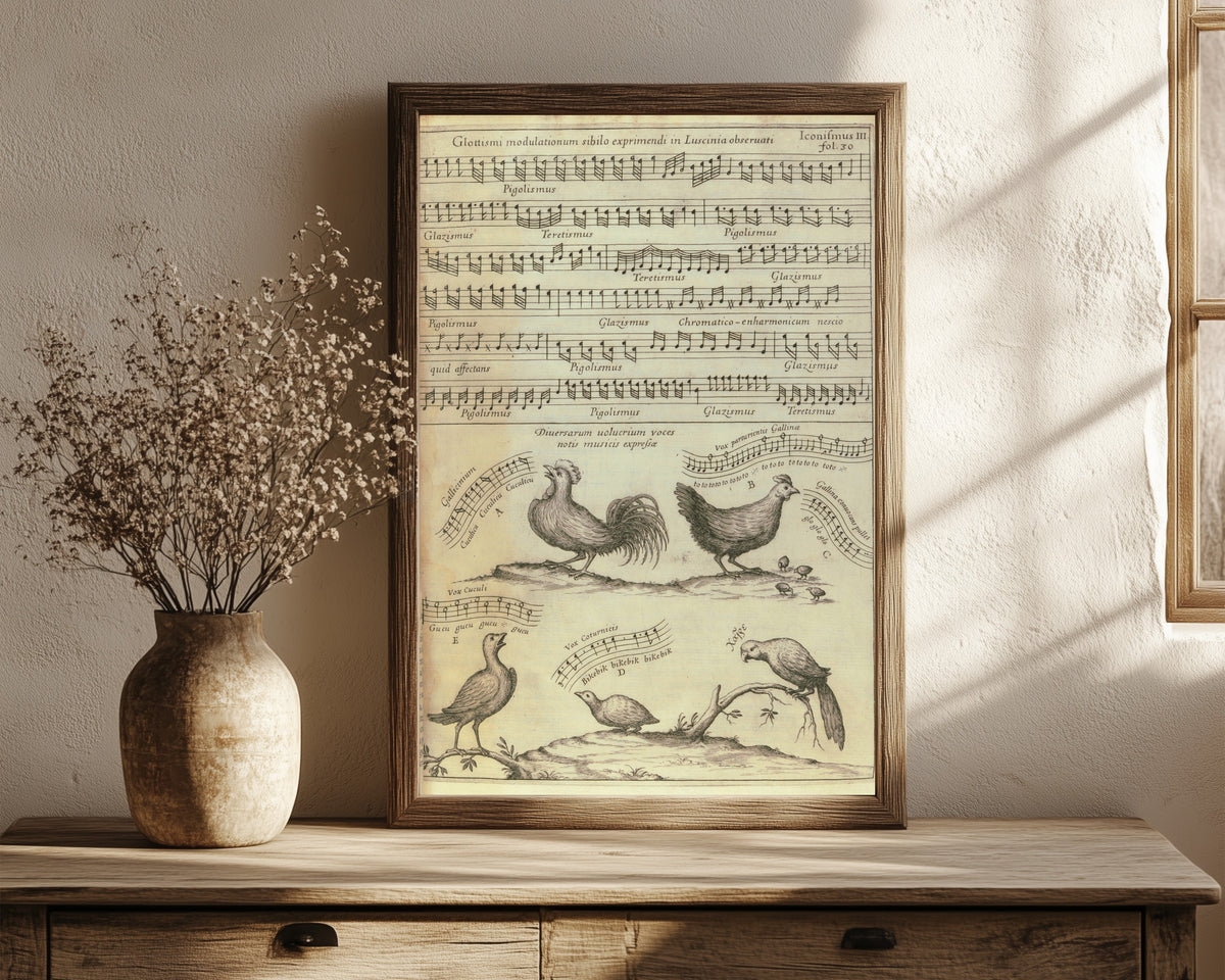 Framed art print of Birdsong Notated in Music (Musurgia… by Athanasius Kircher, in a dark wood frame leaning on a rustic console beside dried flowers