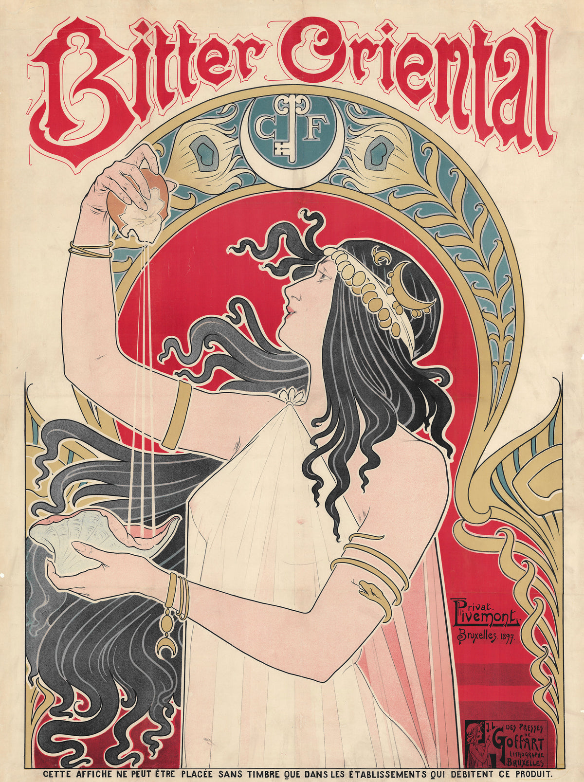 Bitter Oriental by Henri Privat-Livemont — A woman in a crescent headband lets drops fall into a shell