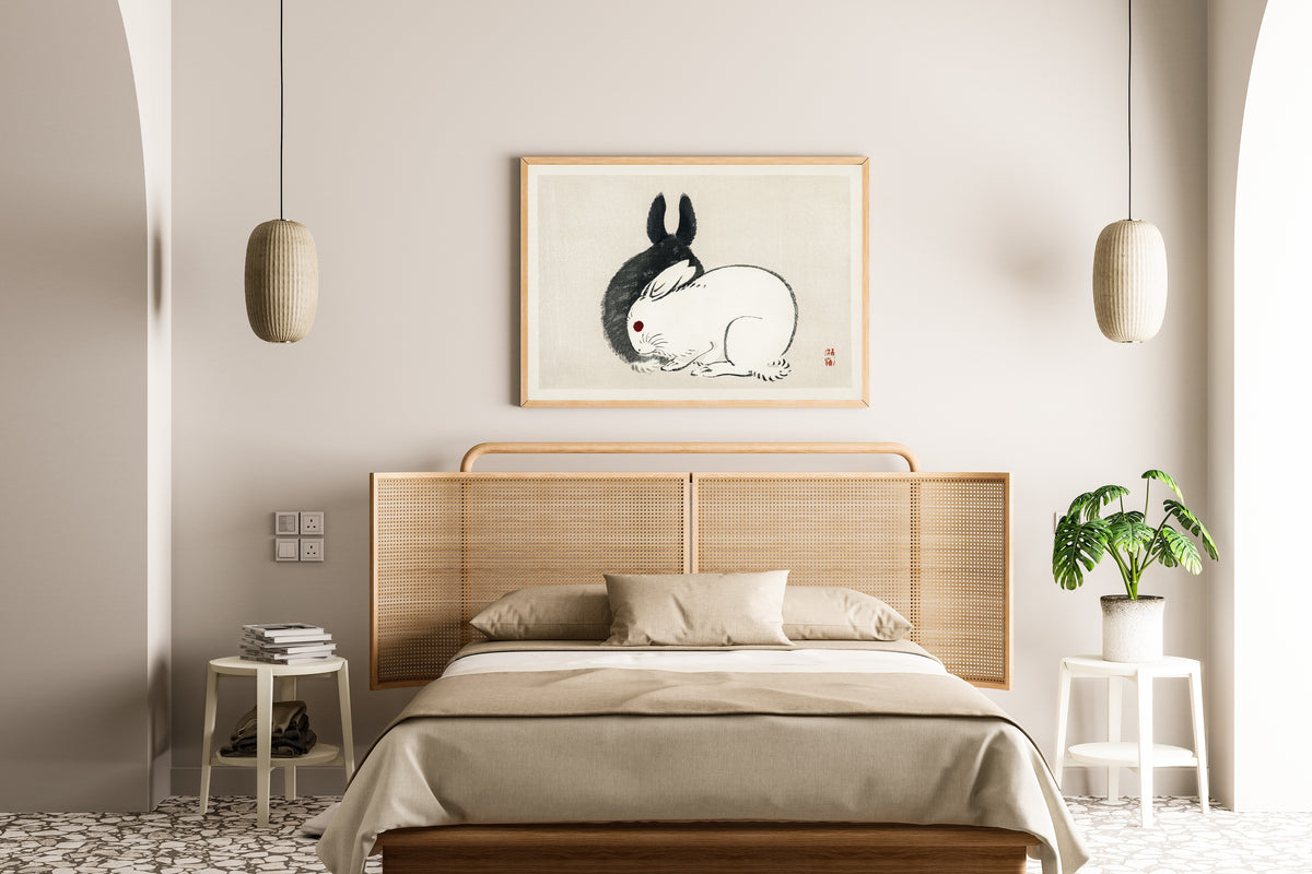 Kōno Bairei — Black and White Rabbits | Japanese Bird & Flower Woodblock Print