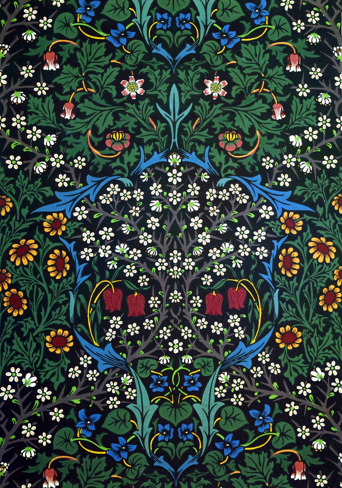 Blackthorn by John Henry Dearle — White blossom on thorny grey branches against a black ground