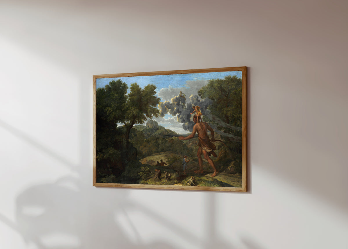 Framed art print of Blind Orion Searching for the Rising Sun by Nicolas Poussin, in a light wood frame on a sunlit white wall, seen at a slight angle