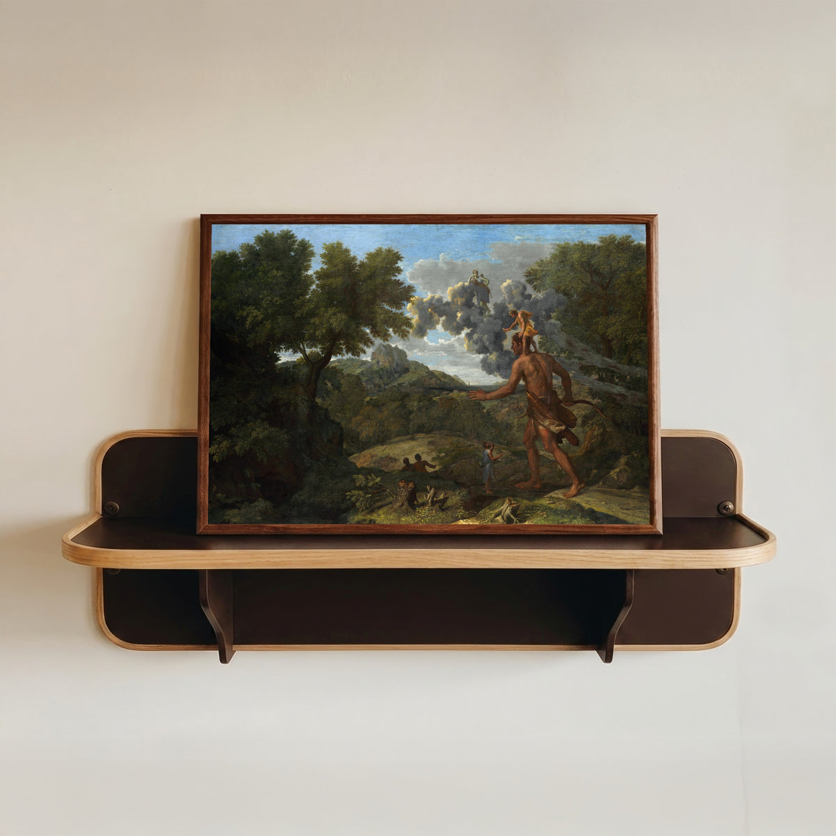 Framed art print of Blind Orion Searching for the Rising Sun by Nicolas Poussin, in a dark wood frame resting on a wall shelf
