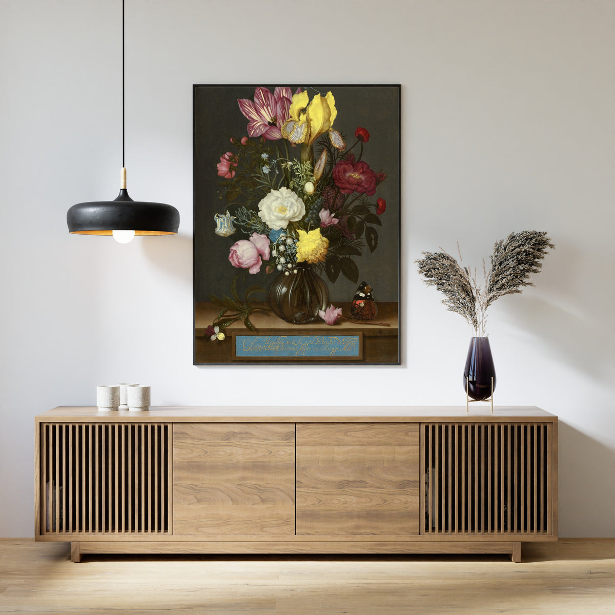 Bouquet of Flowers in a Glass Vase by Jan Davidsz. de Heem — framed above a slatted wood sideboard