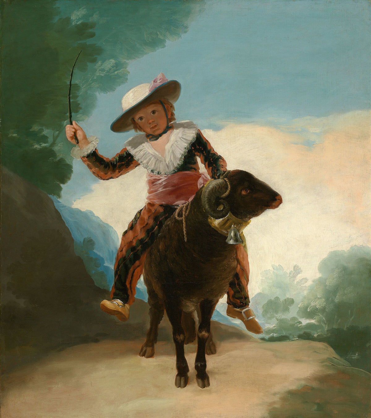 Boy on a Ram by Francisco de Goya — A small boy in a straw hat rides a dark ram along a sunny path