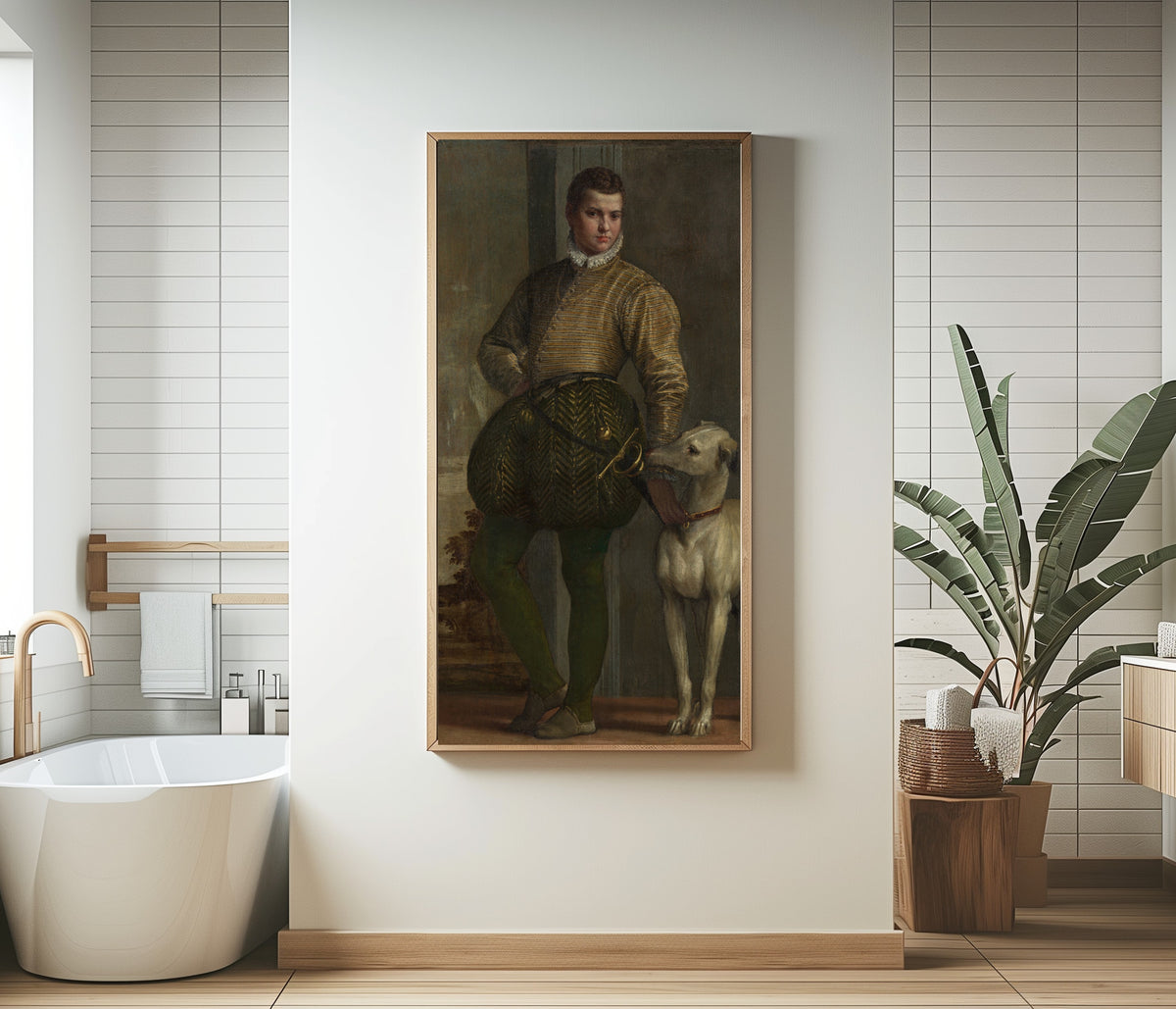 Framed art print of Boy with a Greyhound by Paolo Veronese, in a bathroom beside a freestanding tub