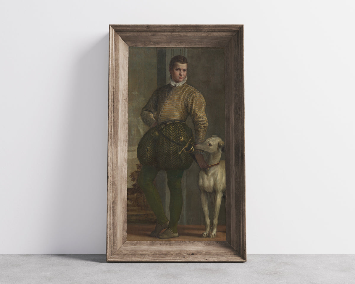Framed art print of Boy with a Greyhound by Paolo Veronese, in a wide wooden frame leaning against a concrete wall
