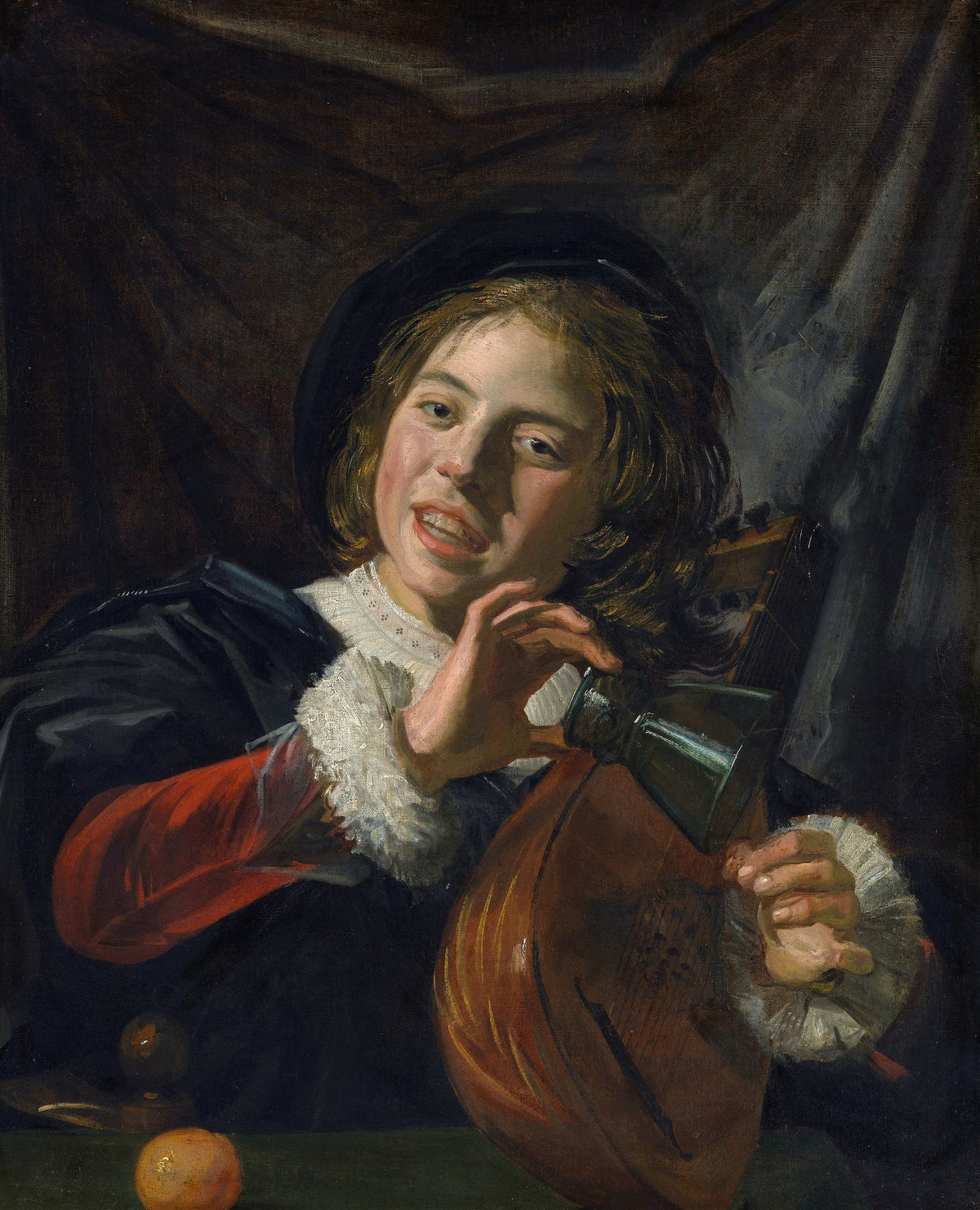 Boy with a Lute by Frans Hals — A laughing boy with a lute and a tilted green glass