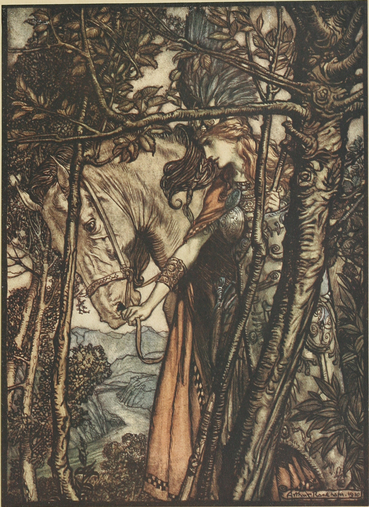Arthur Rackham — Brünnhilde Slowly and Silently Leads Her Horse Down the Path to the Cave | Wagner Illustration Print