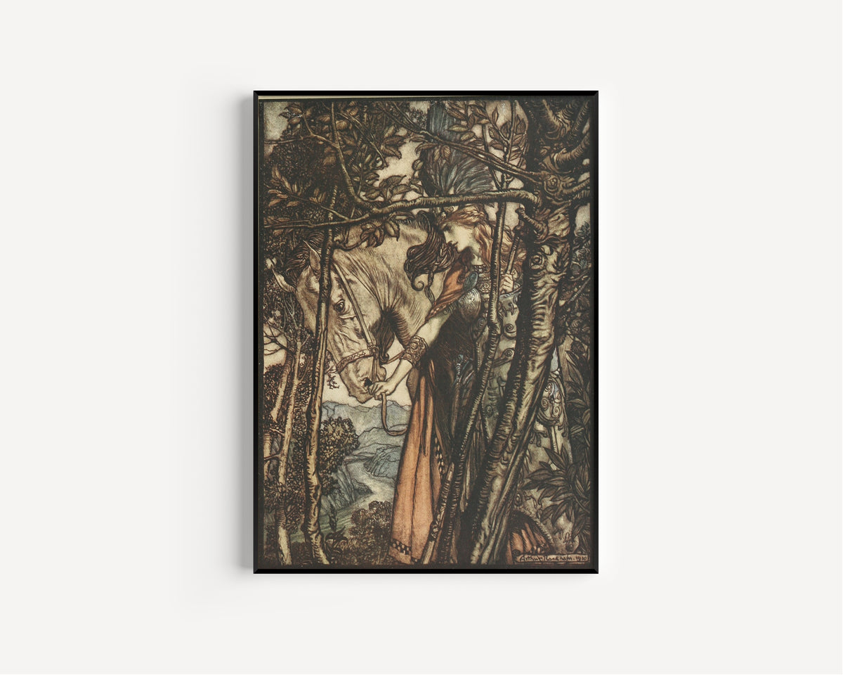 Arthur Rackham — Brünnhilde Slowly and Silently Leads Her Horse Down the Path to the Cave | Wagner Illustration Print