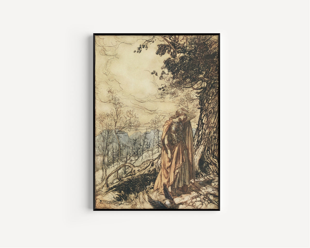 Arthur Rackham — Brünnhilde Stands for a Long Time Dazed and Alarmed | Wagner Illustration Print