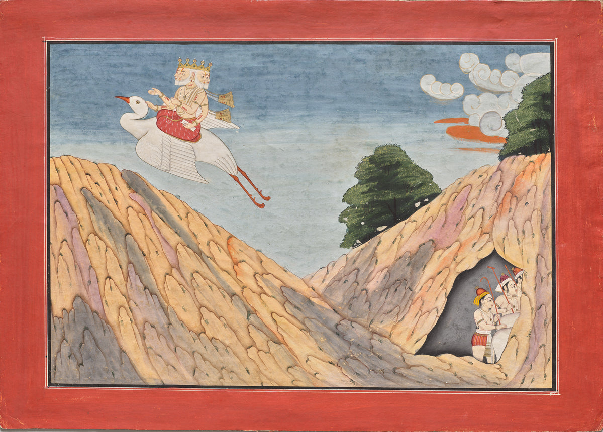 Brahma Hides the Cowherds and the Calves in the Cave by Basohli school — Brahma flies on a white goose above a cave in ochre hills