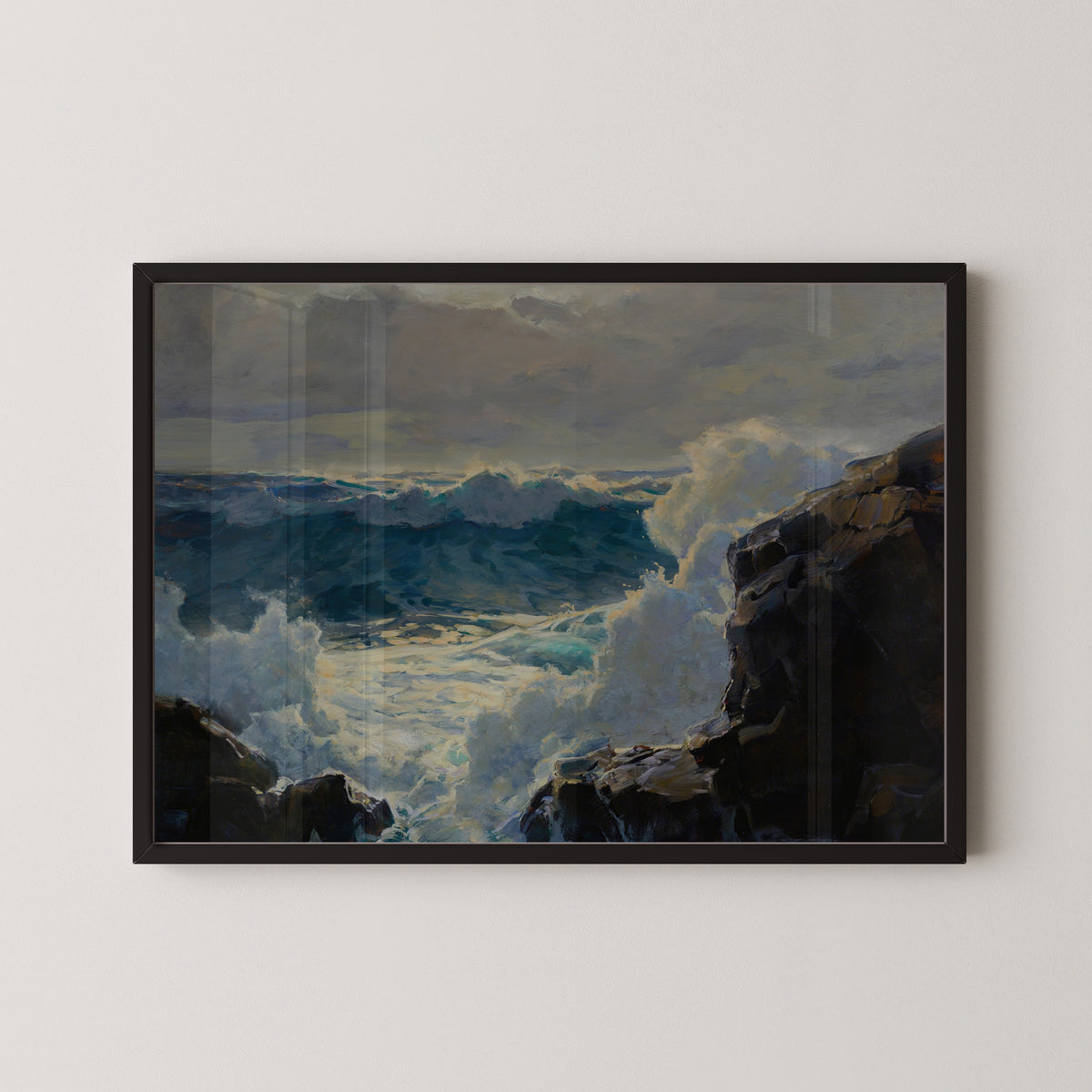 Breaking Waves by Frederick Judd Waugh — in a black frame on a pale wall