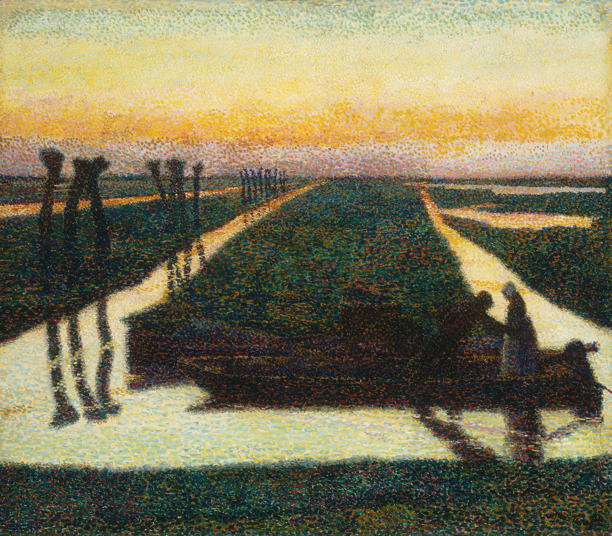 Broek in Waterland by Jan Toorop — Dotted light across a dike, pollard willows and two silhouettes