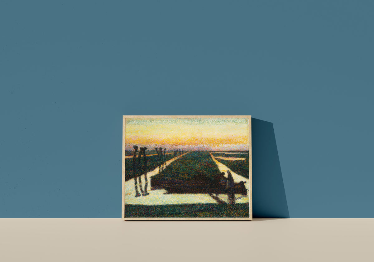 Framed art print of Broek in Waterland by Jan Toorop, in a light wood frame leaning on a blue wall