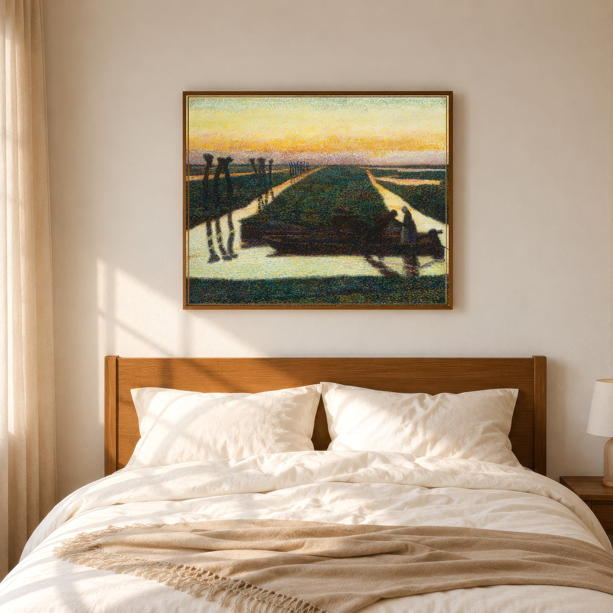 Framed art print of Broek in Waterland by Jan Toorop, in a slim wood frame above a bed in a sunlit bedroom
