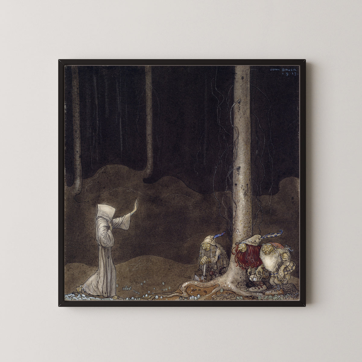 Framed art print of Brother St. Martin and the Three Trolls by John Bauer, in a black frame on a pale wall