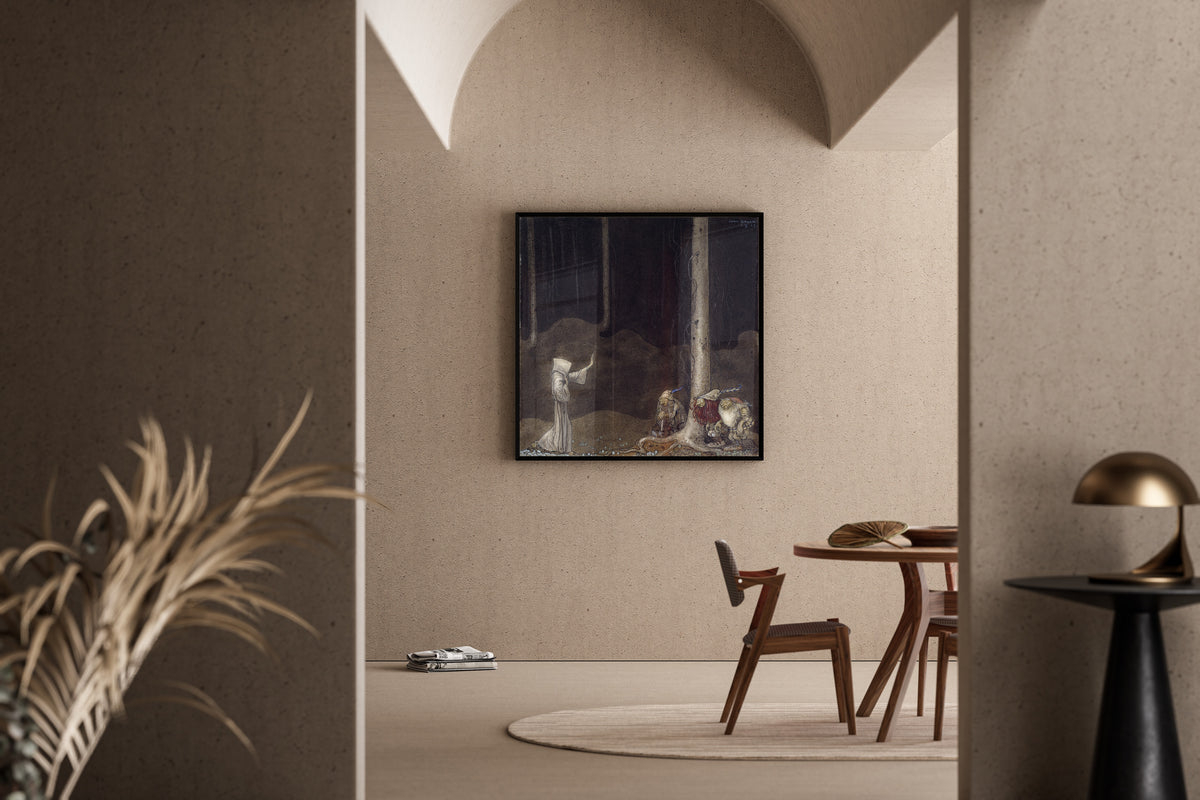 Framed art print of Brother St. Martin and the Three Trolls by John Bauer, in a sunlit dining corner