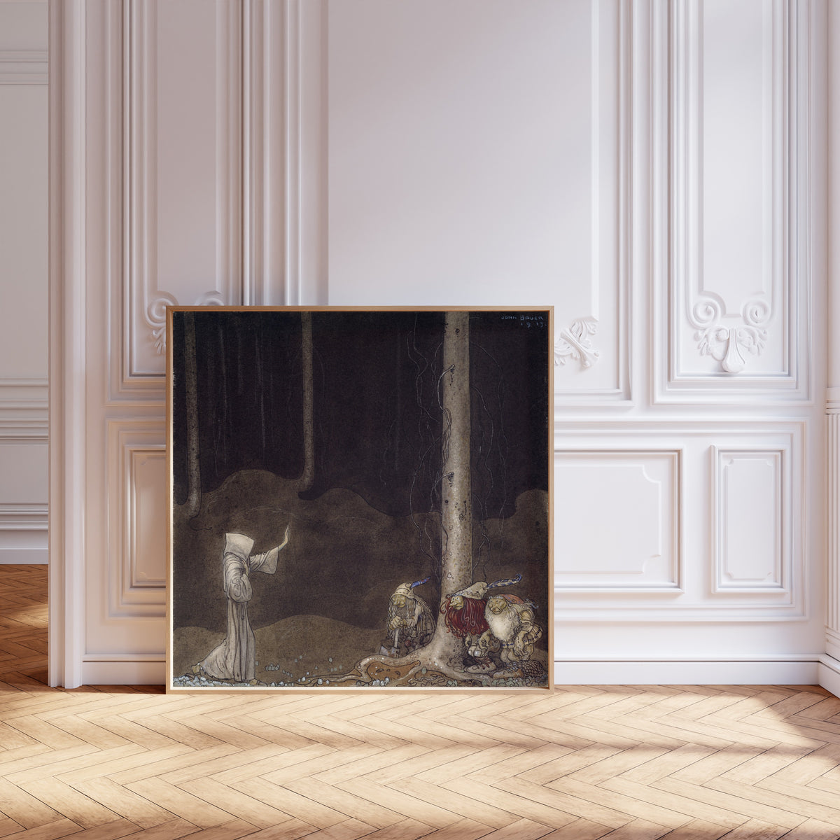 Framed art print of Brother St. Martin and the Three Trolls by John Bauer, leaning against pale pink panelling on a herringbone floor