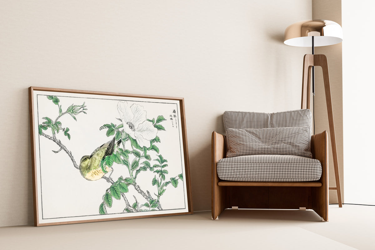 Numata Kashū — Brown-eared Bulbul and Rosa Rugosa | Japanese Bird & Flower Woodblock Print