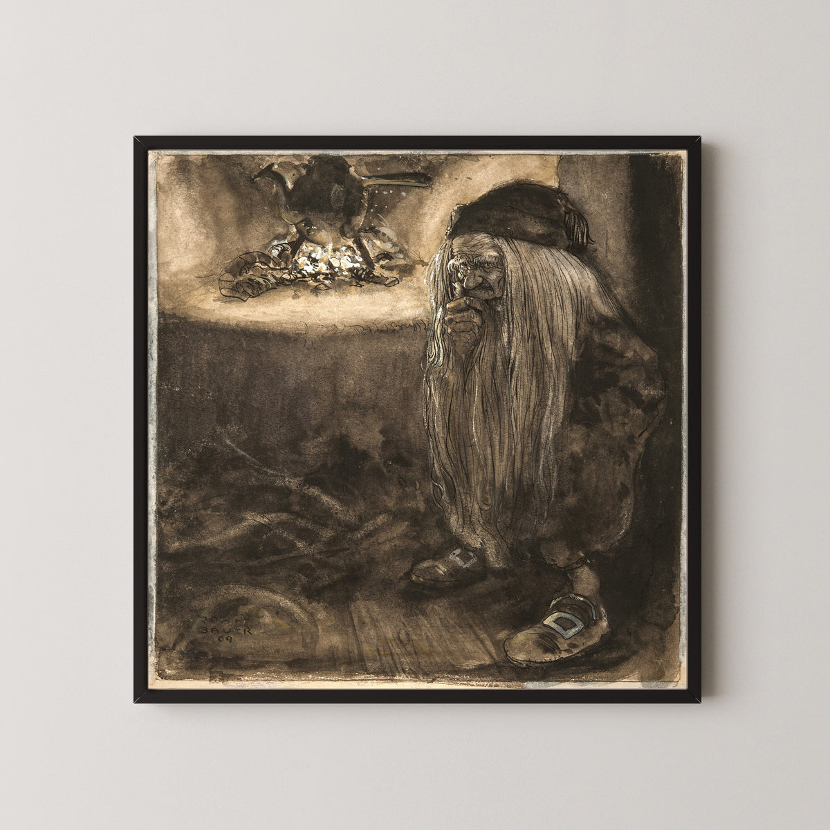 John Bauer — Brownie by a Fireplace | Fairy Tale Illustration Print