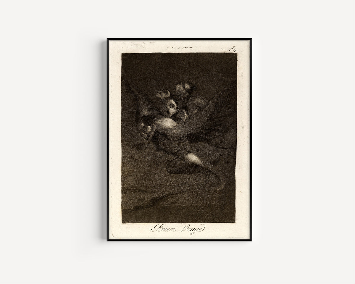 Framed art print of Buen Viage (Bon Voyage), Los Caprichos, Plate 64 by Francisco de Goya, in a slim black frame on a plain white wall