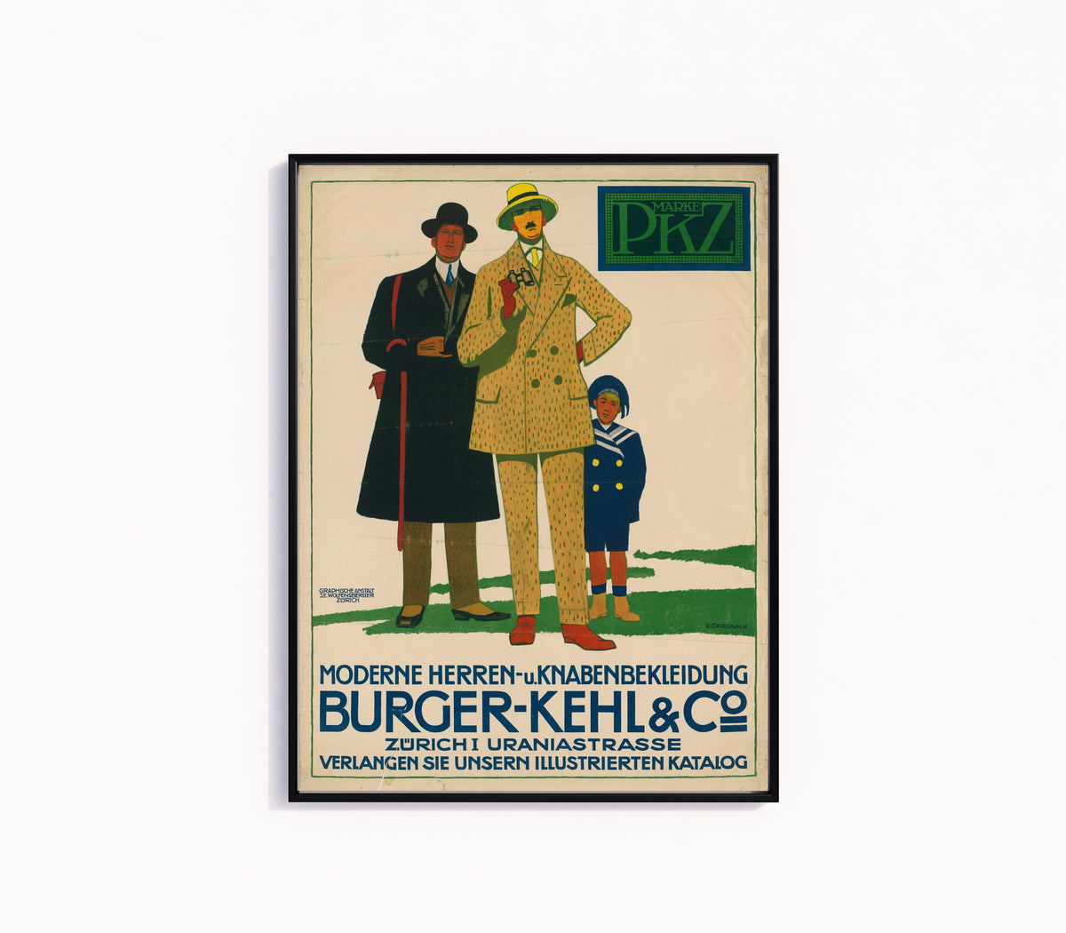 Framed art print of Burger-Kehl & Co: Moderne Herren- und Knabenbekleidung by Emil Cardinaux, in a slim black frame on a plain white wall