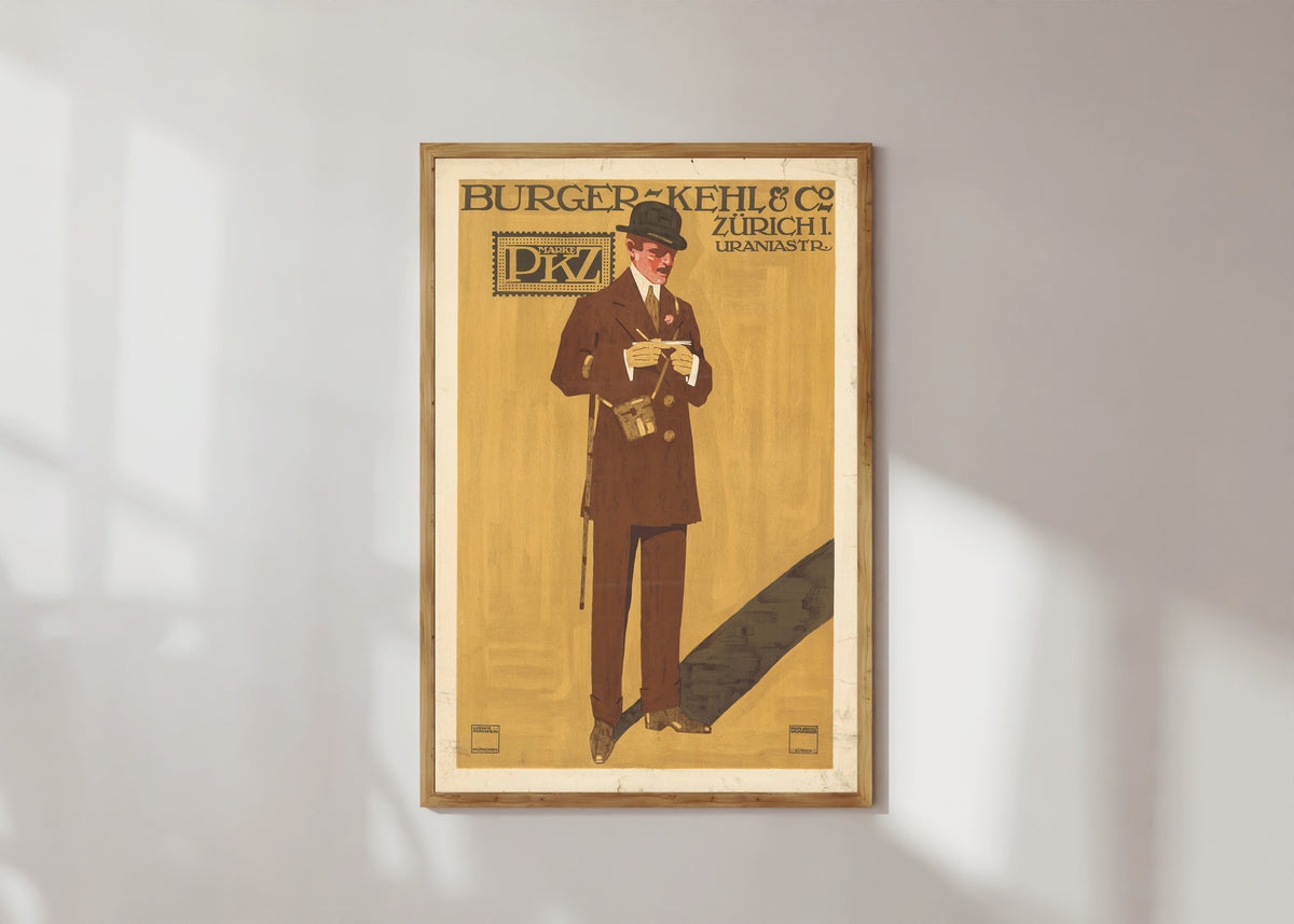 Framed art print of Burger-Kehl & Co, Zürich: Marke PKZ by Ludwig Hohlwein, in a light wood frame on a sunlit white wall