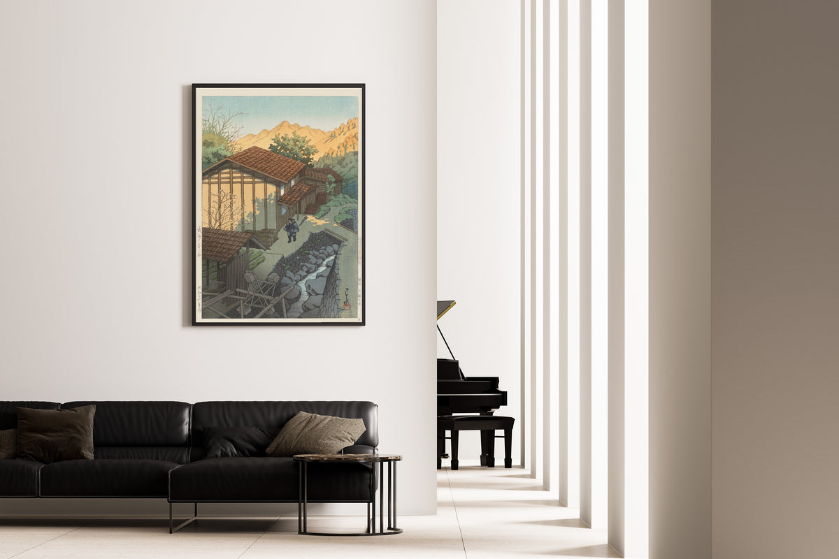 Framed art print of Bushu Nenoyama by Kawase Hasui, on the wall of a minimal living room