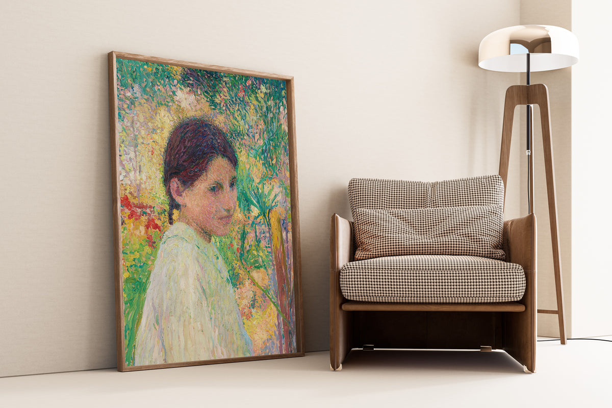 Henri Martin — Buste de jeune fille de trois quart sur fond de jardin | Pointillist Portrait Print