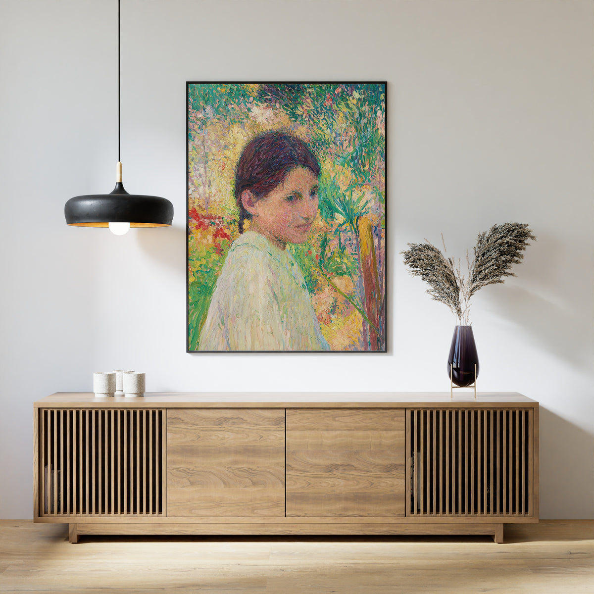 Henri Martin — Buste de jeune fille de trois quart sur fond de jardin | Pointillist Portrait Print