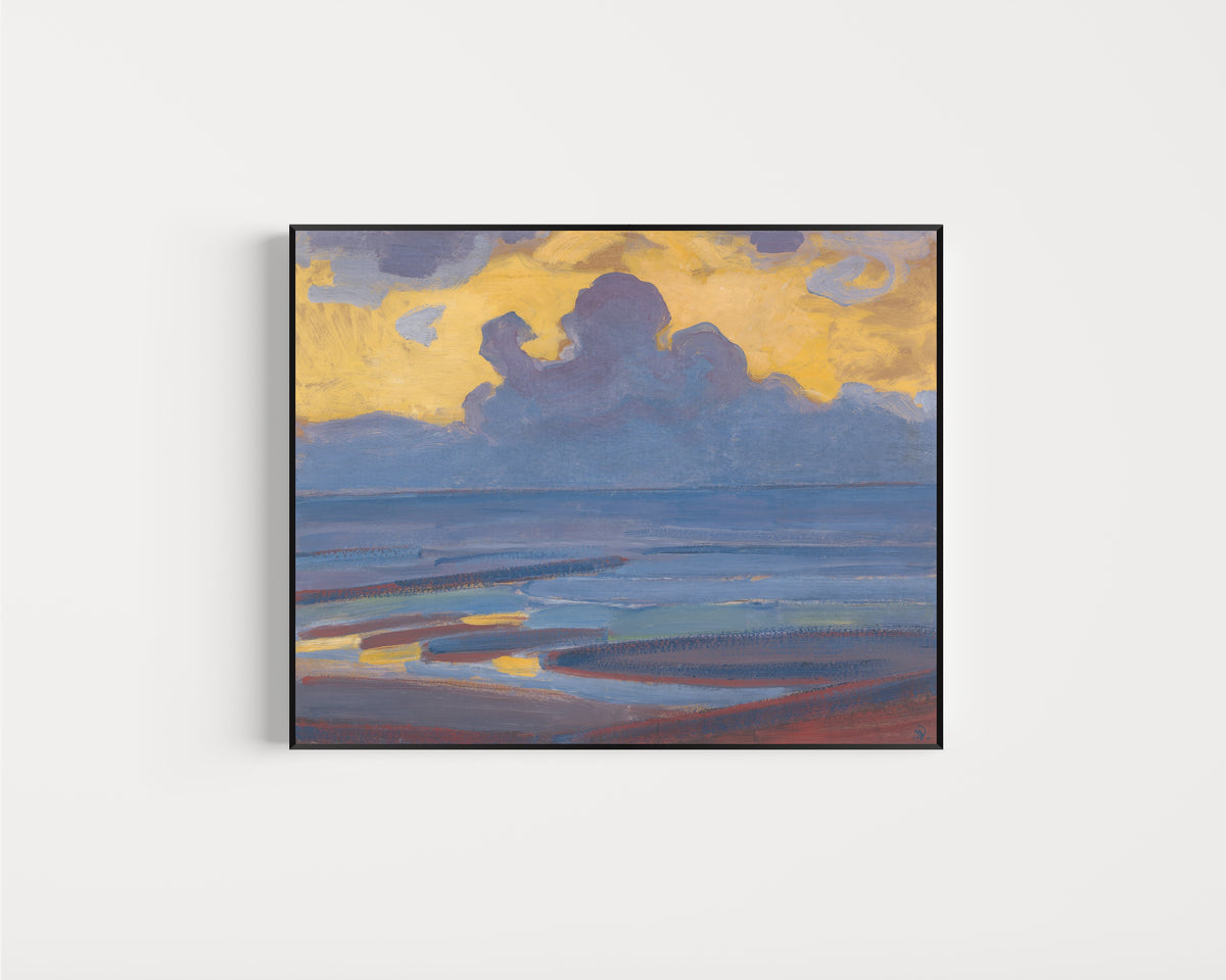 Framed art print of By the Sea by Piet Mondrian, in a slim black frame on a plain white wall