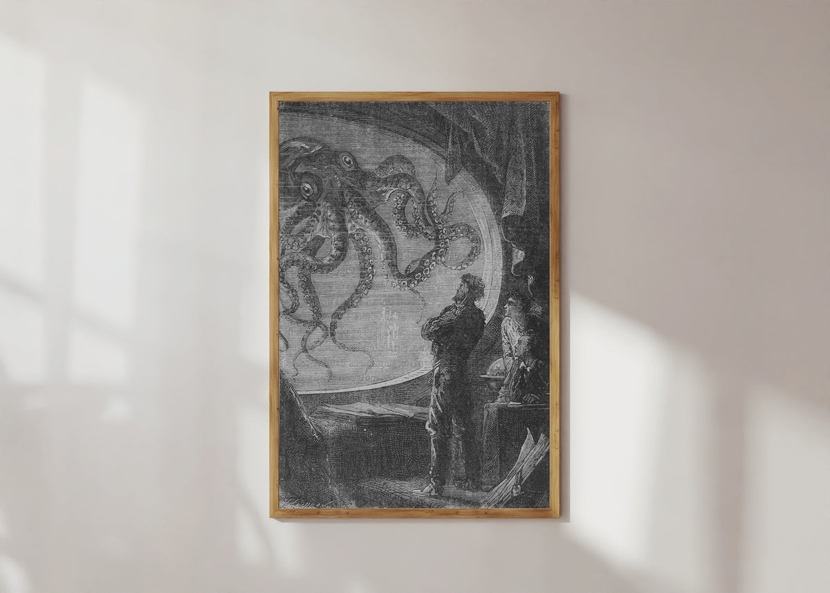 Framed art print of C'était un calmar de dimensions colossales (It was a squid of… by Alphonse de Neuville, in a light wood frame on a sunlit white wall