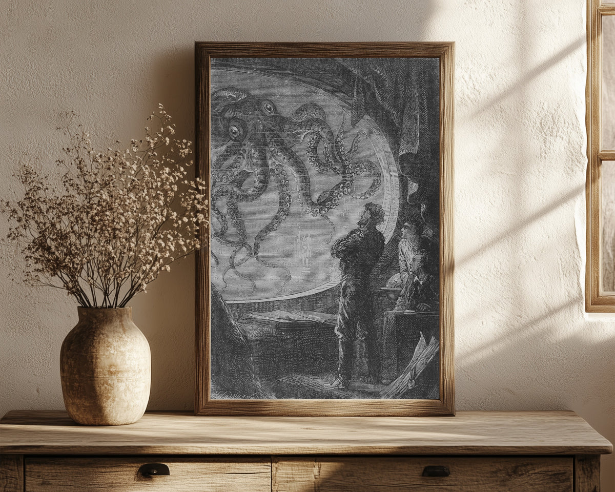 Framed art print of C'était un calmar de dimensions colossales… by Alphonse de Neuville, in a dark wood frame leaning on a rustic console beside dried flowers