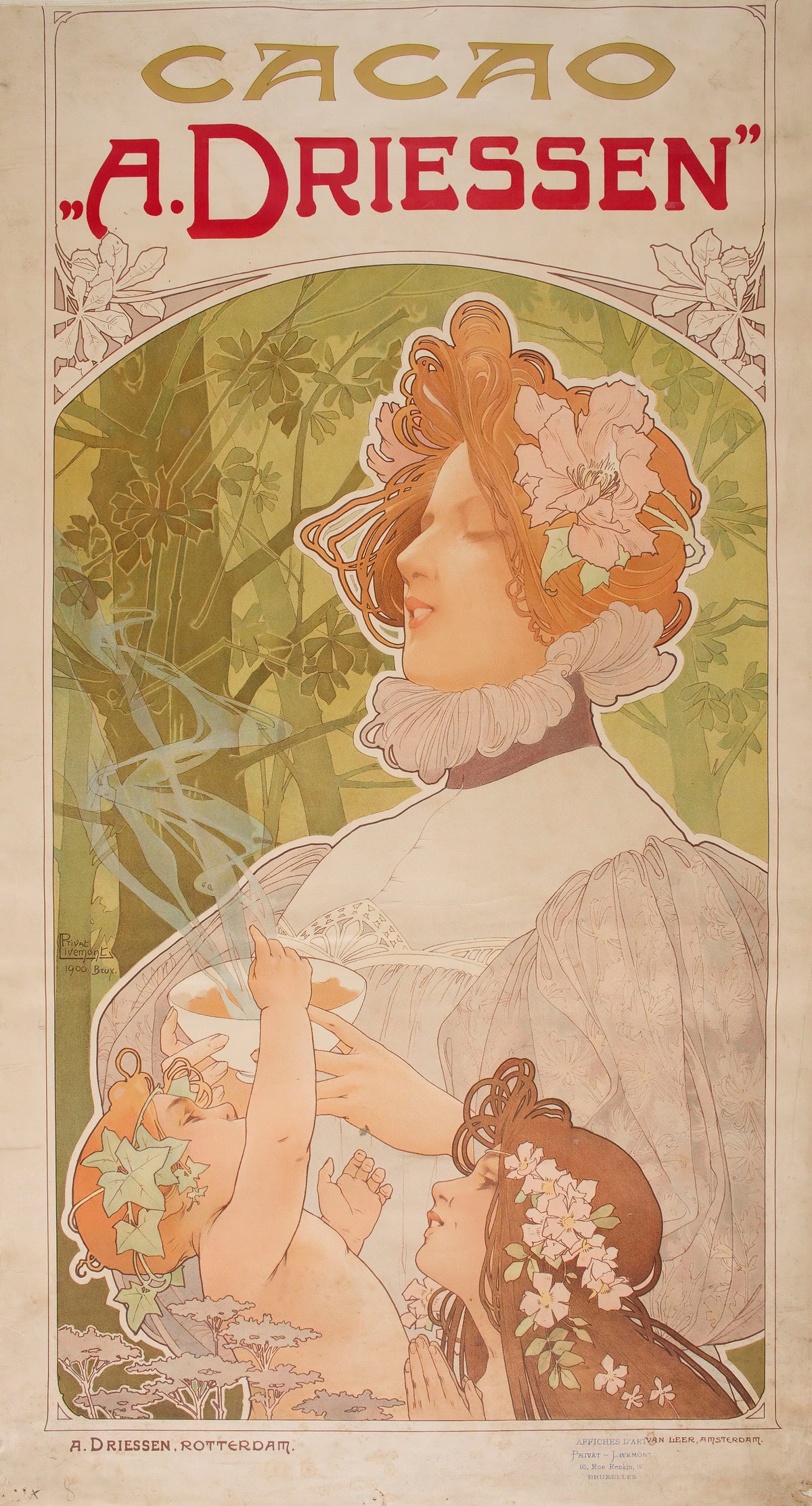 Cacao A. Driessen by Henri Privat-Livemont — A woman steadies a steaming cup as an infant and a girl look up