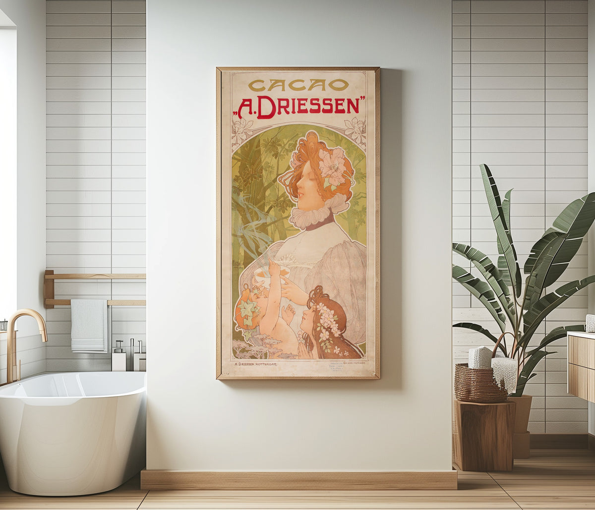 Framed art print of Cacao A. Driessen by Henri Privat-Livemont, in a bathroom beside a freestanding tub
