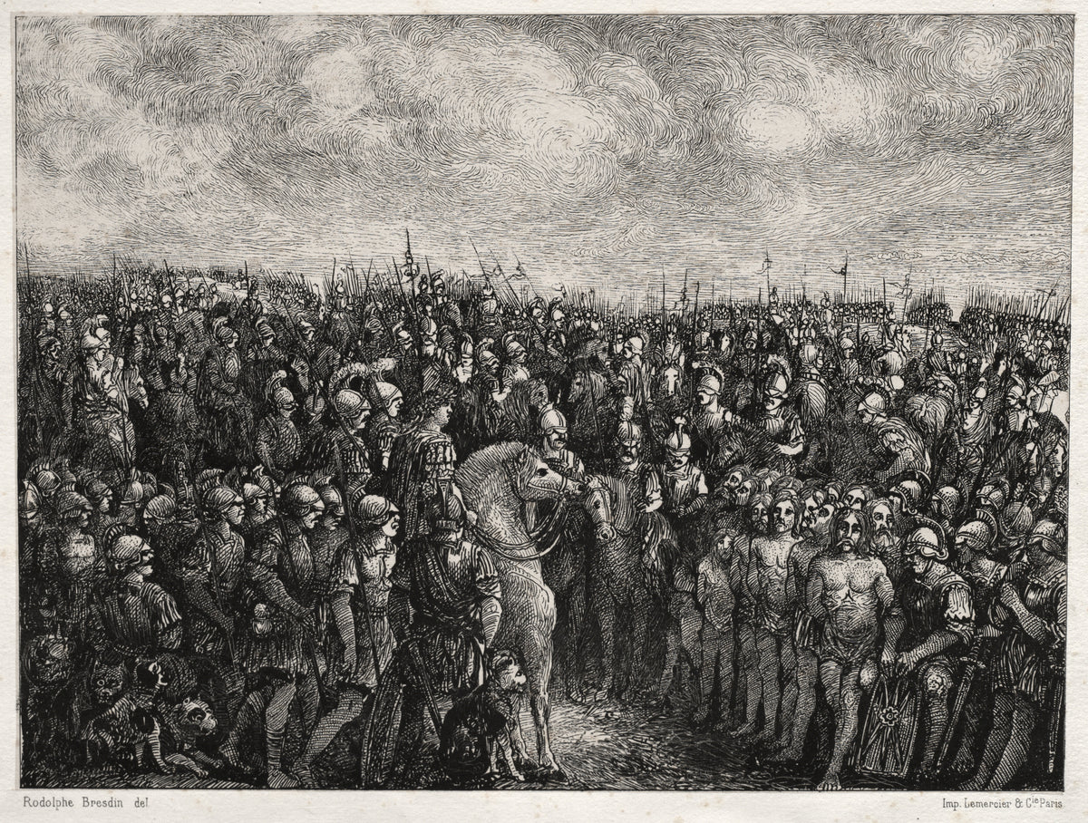 Caesar and his Prisoners by Rodolphe Bresdin — A mounted commander halts before a line of captives in a vast army