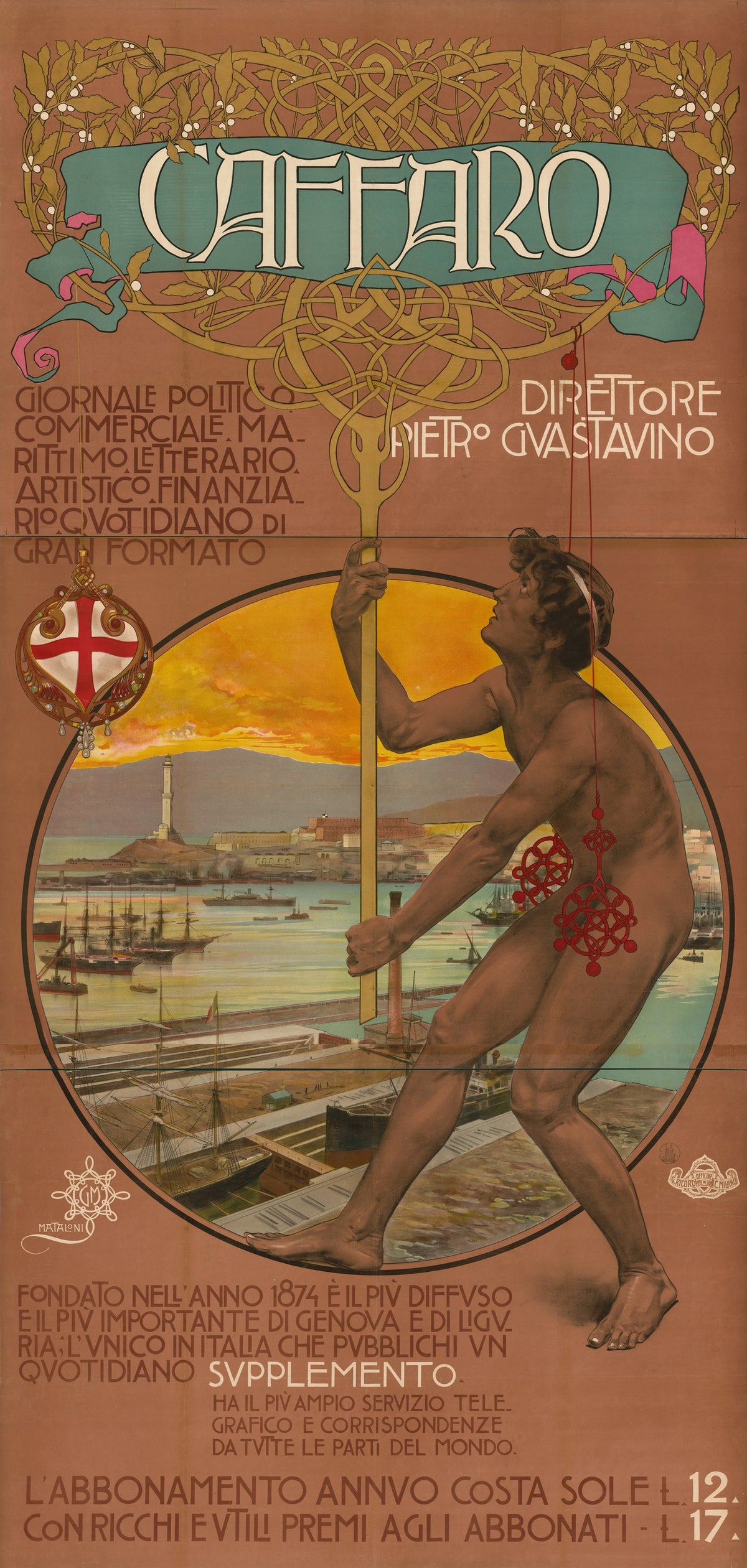 Caffaro: Giornale Politico, Commerciale, Marittimo, Letterario by Giovanni Maria Mataloni — A bare-bodied man leans on a gold staff before a busy harbour