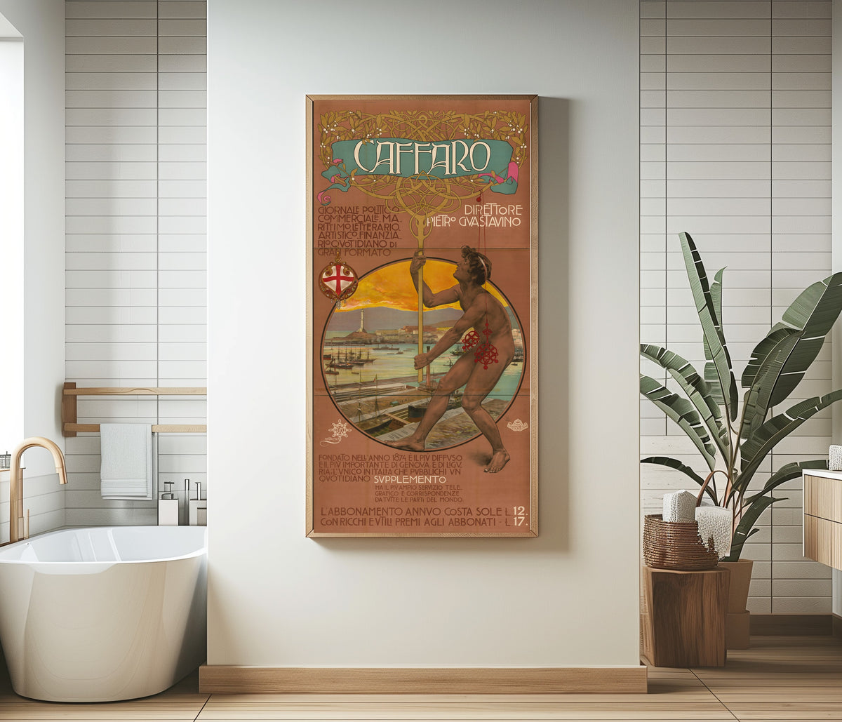 Framed art print of Caffaro: Giornale Politico, Commerciale, Marittimo, Letterario by Giovanni Maria Mataloni, in a bathroom beside a freestanding tub