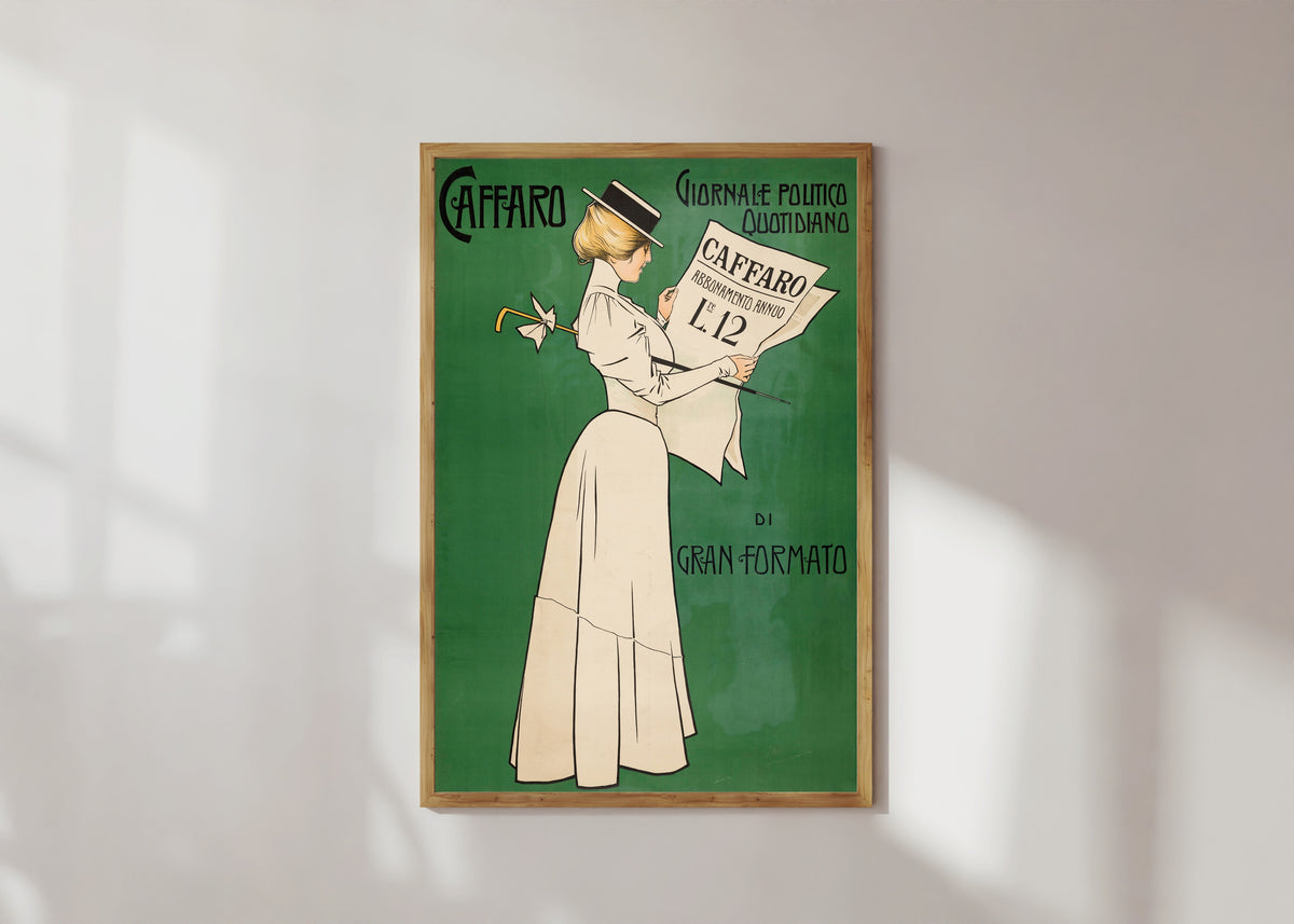 Framed art print of Caffaro: Giornale Politico Quotidiano di Gran Formato by Aleardo Villa, in a light wood frame on a sunlit white wall